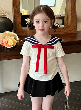 栀了成长记童装女童学院风白色短袖T恤夏儿童宝宝美少女短款体恤
