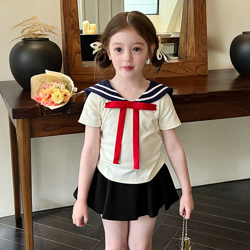 栀了成长记女童学院风短袖T恤