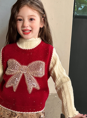 栀了成长记女童装红色针织马甲秋季新款儿童宝宝甜美撞色百搭毛衣