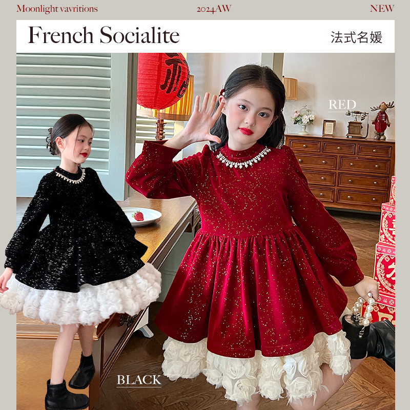 栀了成长记女童红色新年连衣裙