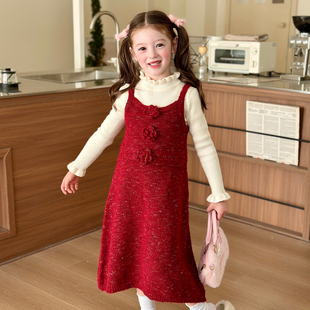 儿童森系毛织休闲吊带裙 红色连衣裙2025冬季 栀了成长记女童装 韩版
