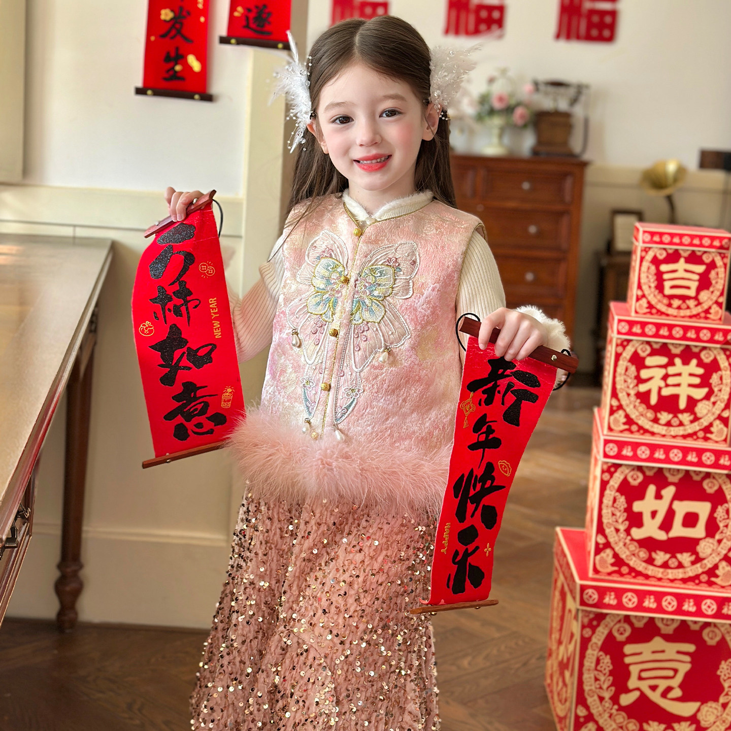 栀了成长记童装女童国风唐装上衣2025冬季儿童蝴蝶结夹棉保暖马甲,童装/婴儿装/亲子装,唐装,淘宝优惠券,粉丝福利购,淘宝优惠卷