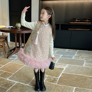 栀了成长记童装女童中国风亮片夹棉旗袍裙冬儿童宝宝背心裙连衣裙