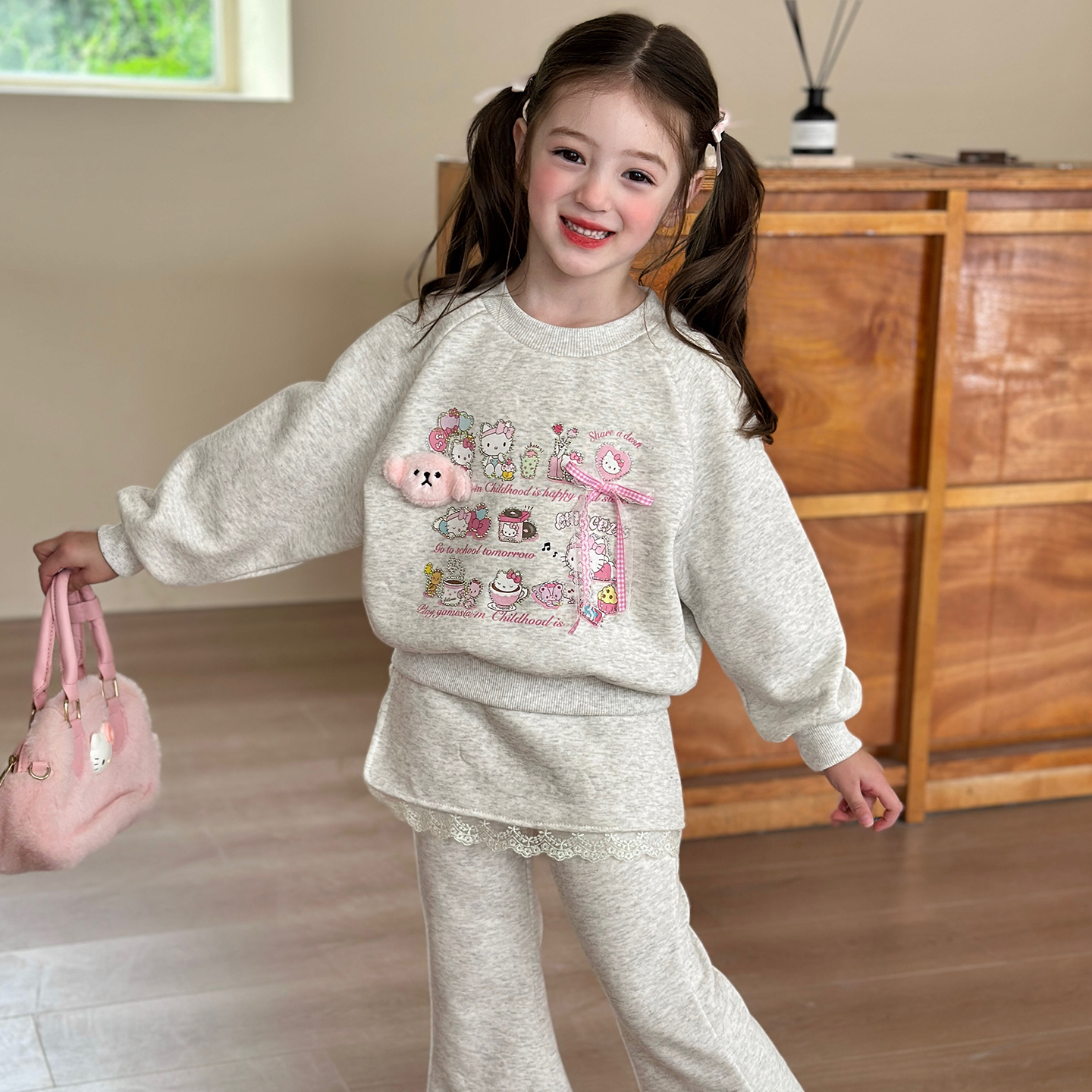 栀了成长记女童装卡通卫衣裤裙加绒套装秋冬款儿童甜美时髦两件套