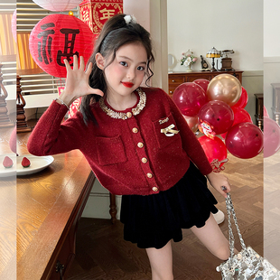 栀了成长记童装女童小香风红色亮片秋冬毛衣儿童宝宝针织开衫上衣