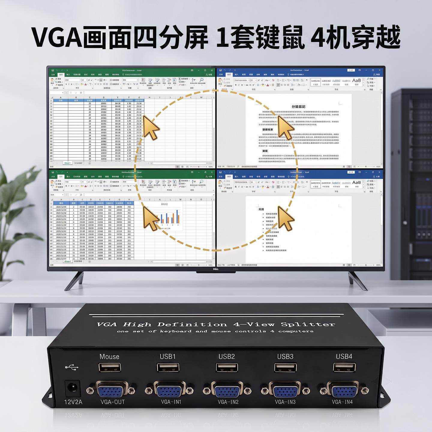 高端VGA高清4画面分割器屏幕视频四进一出无缝切换鼠标穿越KVM