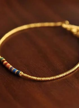 千金古法高温烧蓝彩虹桶珠金圈沙黄金沙足金手链珠链金转运珠手链