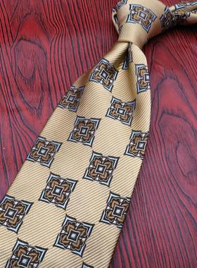 法国新款黄色格子花纹男士休闲新潮商务领带蚕丝花纹礼盒装羊毛