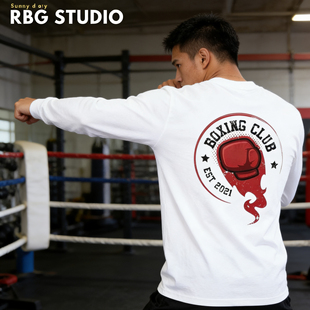 拳击长袖T恤男 BOXING格斗训练服 印花白色衣服  秋冬全棉T恤长袖