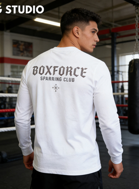 拳击长袖T恤男 BOXING格斗训练服 凌厉英文印花  秋冬全棉T恤长袖