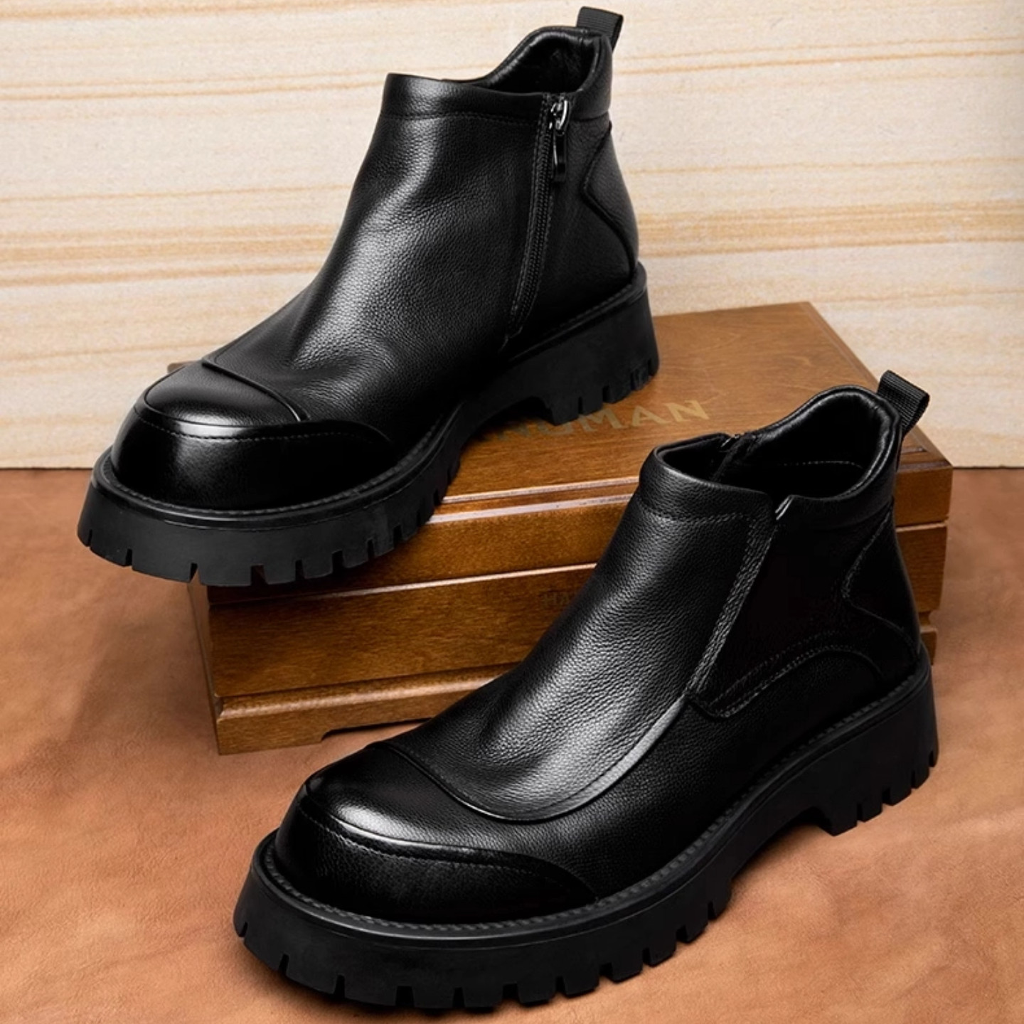 英伦真皮切尔西靴男款厚底手工增高牛皮拉链机车马丁靴男士短靴子