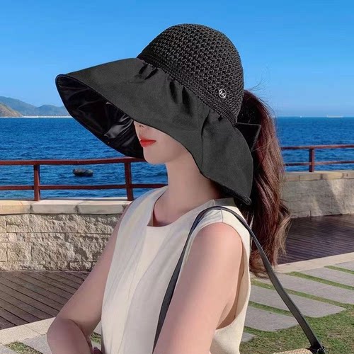 夏季黑胶大檐空顶蝴蝶结遮阳帽