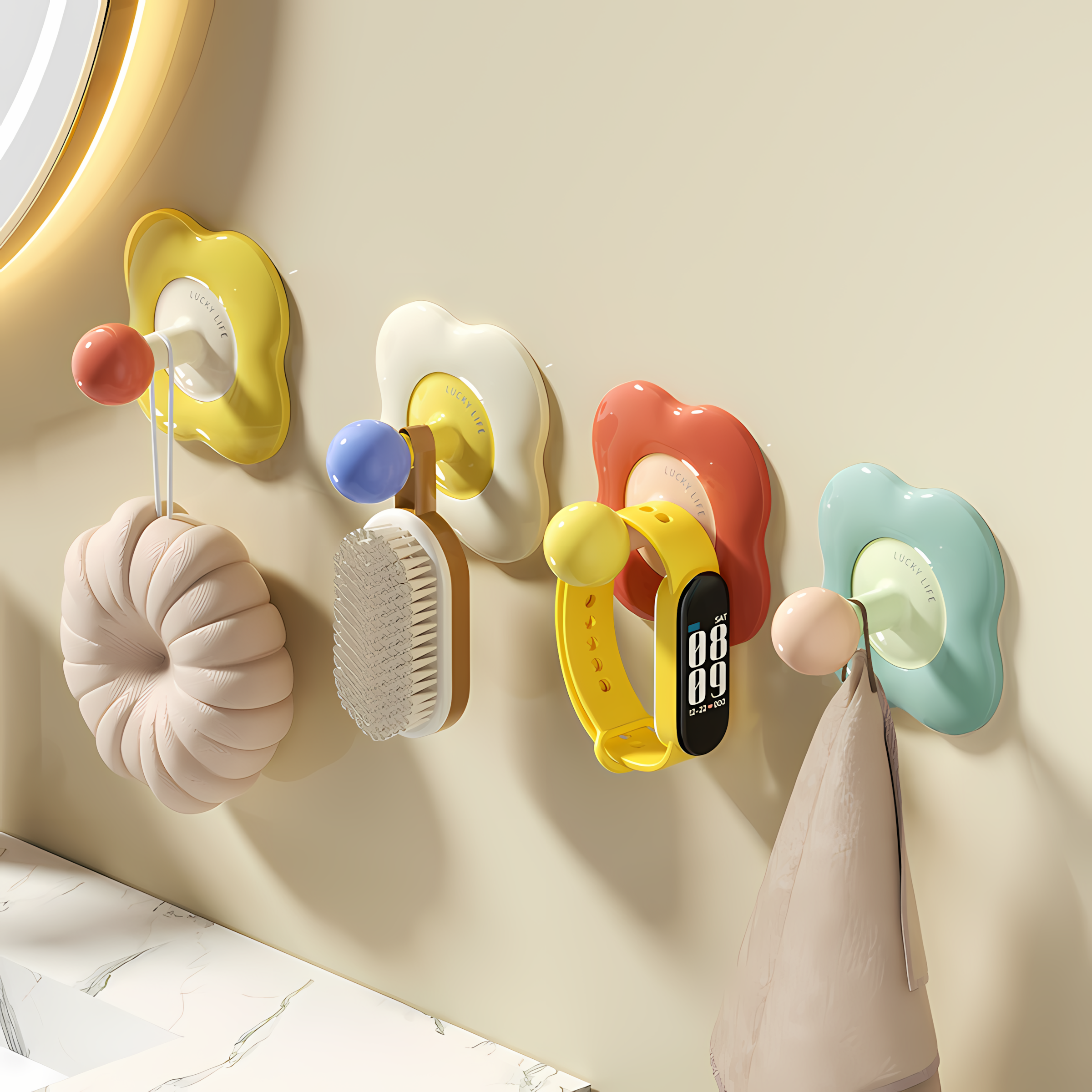 多巴胺花朵挂钩子免打孔入户门放钥匙粘钩痕毛巾架强力承重衣钩子