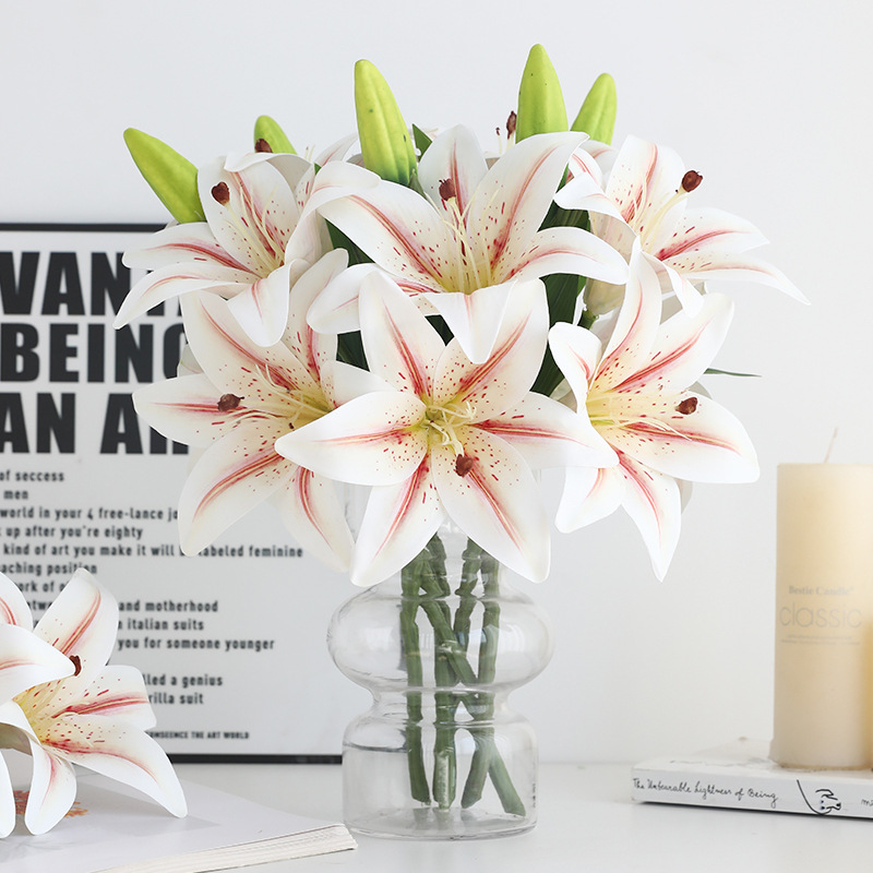 高端3头百合花仿真花2花1蕾百合 家居装饰婚礼影棚摄影道具假