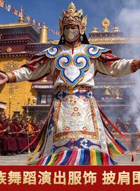 藏式羌姆舞演出多色披肩围裙套装