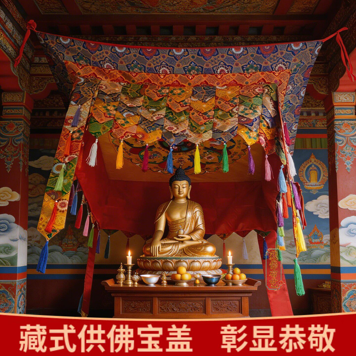 藏式绣莲花八吉祥宝盖 佛堂装饰华盖 家用佛龛吊顶天棚伞盖1米