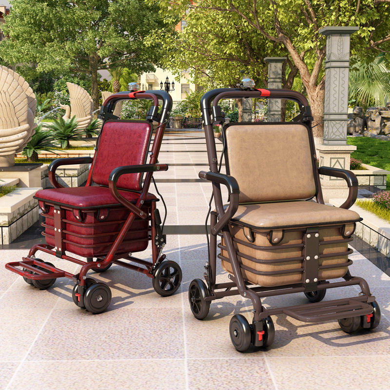 健喜老人手推车可坐折叠代步助力购物小推车老年四轮防摔可推小轮