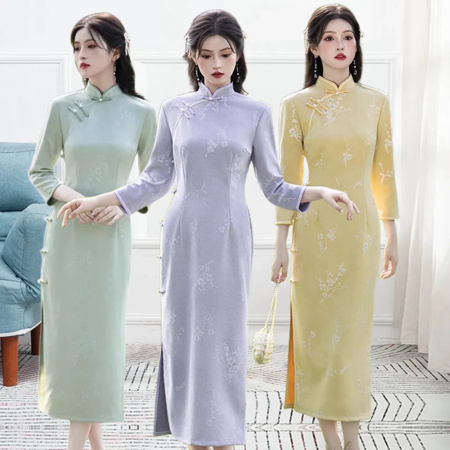 少女麂皮绒单层长款提花苏州旗袍