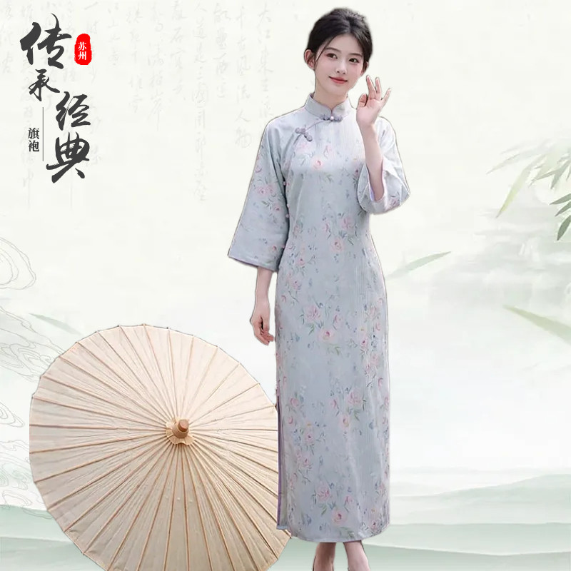 中式盘扣改良仿醋酸提花苏州旗袍