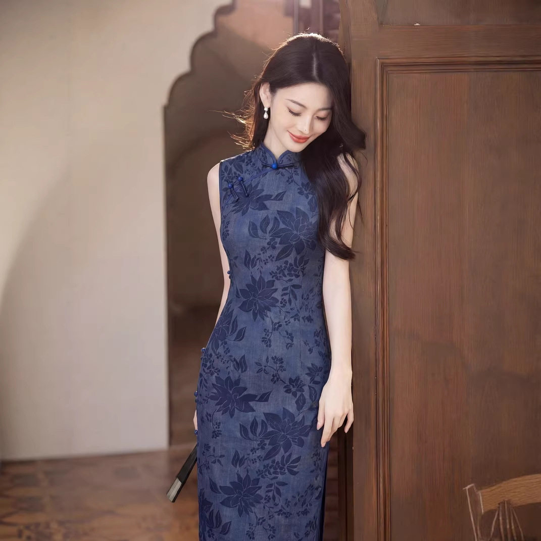 新中式绝美旗袍女蓝色新款年轻款改良优雅修身显瘦气质小个子长裙