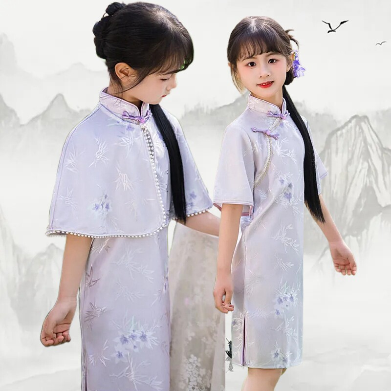 新中式儿童公主旗袍披肩两件套女