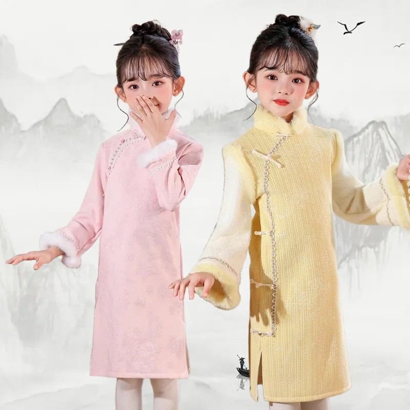 中国风唐装汉服女童旗袍披肩两件套2025冬季新款国风保暖加绒裙子