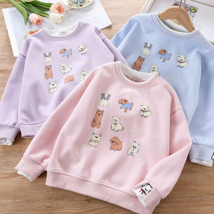 洋气女童假两件卫衣春装2026新款儿童卡通小狗休闲上衣圆领打底衫
