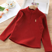 女童红色卫衣加绒半拉链打底衫 冬儿童加厚保暖内搭上衣马年新年服