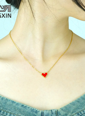 欧美时尚跨境不锈钢个性小众红色爱心项链钛钢电镀18k项链女