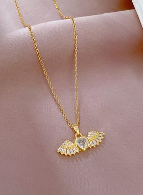 母亲节520礼物华丽天使翅膀项链 女轻奢小众设计新款钛钢镶钻项链