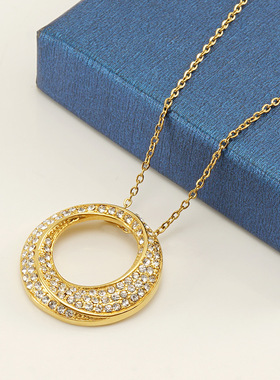 跨境不锈钢欧美时尚复古ins风镶钻项链钛钢电镀镶锆石圆形吊坠女