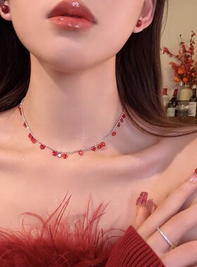 轻奢小众红色水晶流苏钛钢项链饰品女辣妹百搭感满天星锁骨链