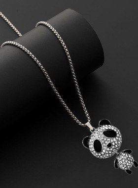 2025秋冬新款可活动满钻熊猫项链  情侣轻奢立体精致钛钢链毛衣链