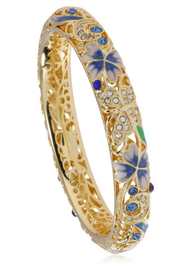 复古景泰蓝四叶草满钻镂空手镯开口珐琅旗袍镯子时尚古风送礼手饰