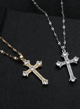 2025思潮新款跨境热销微镶钻石十字架项链  铜镀真金钛钢链条项链