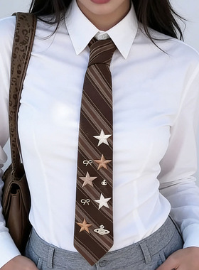 手工定制款vintage中古棕色斜纹星星领带女复古学院风领巾配饰潮