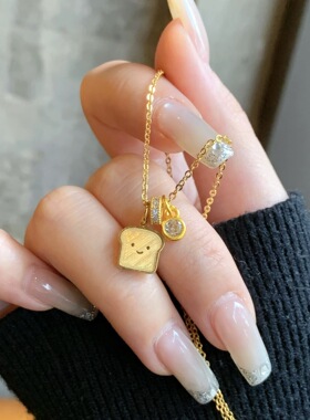 拉丝微笑土司小面包黄金色可爱卡通跑环泡泡钻项链女士配饰锁骨链