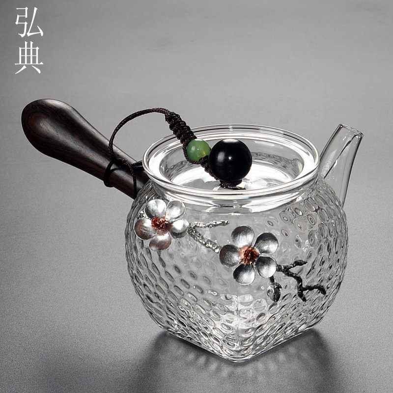 锤目纹玻璃茶壶耐热贴锡梅花功夫泡茶壶侧把木柄茶壶个性泡茶壶