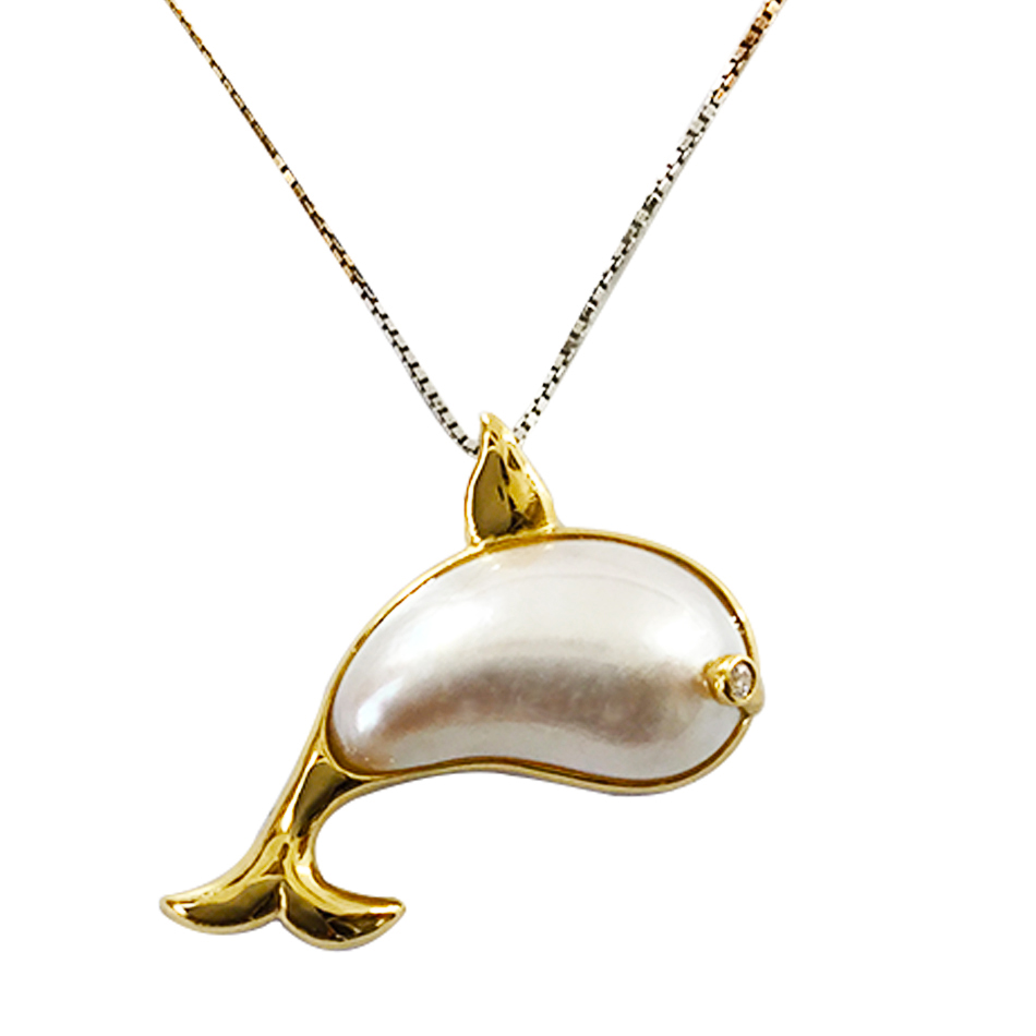 海豚马贝海水珠吊坠18K黄金耳环套装可爱耳钩