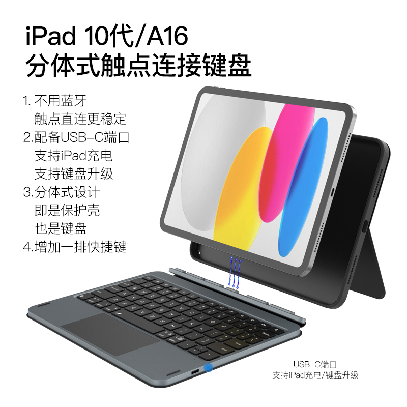 适用iPad10/11代触点连接分体式妙控键盘双面夹反向充电A16