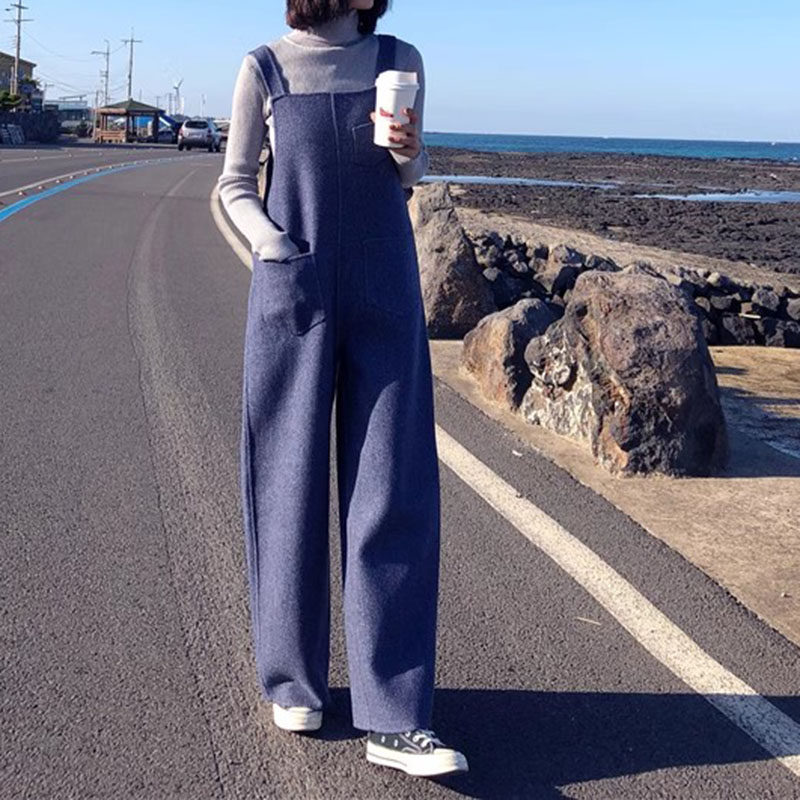 双面羊毛100纯羊毛呢裤子阔腿裤背带裤连体裤宽松显瘦直筒裤学生