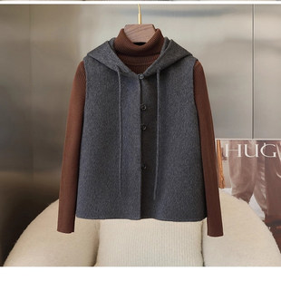 可定制秋冬手工缝双面羊绒大衣短装背心带帽马甲保暖外套坎肩休闲