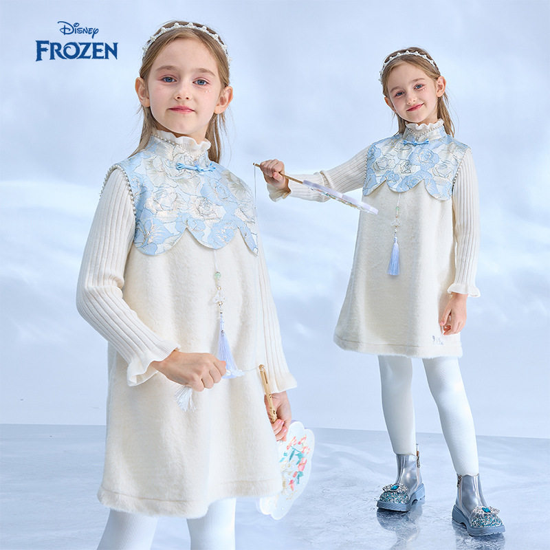 迪士尼童装女童国风连衣裙2026新品春装中式儿童毛绒保暖公主裙