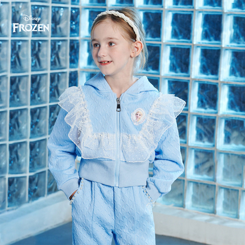 迪士尼童装女童套装艾莎公主新款春季卫衣外套儿童喇叭裤子两件套