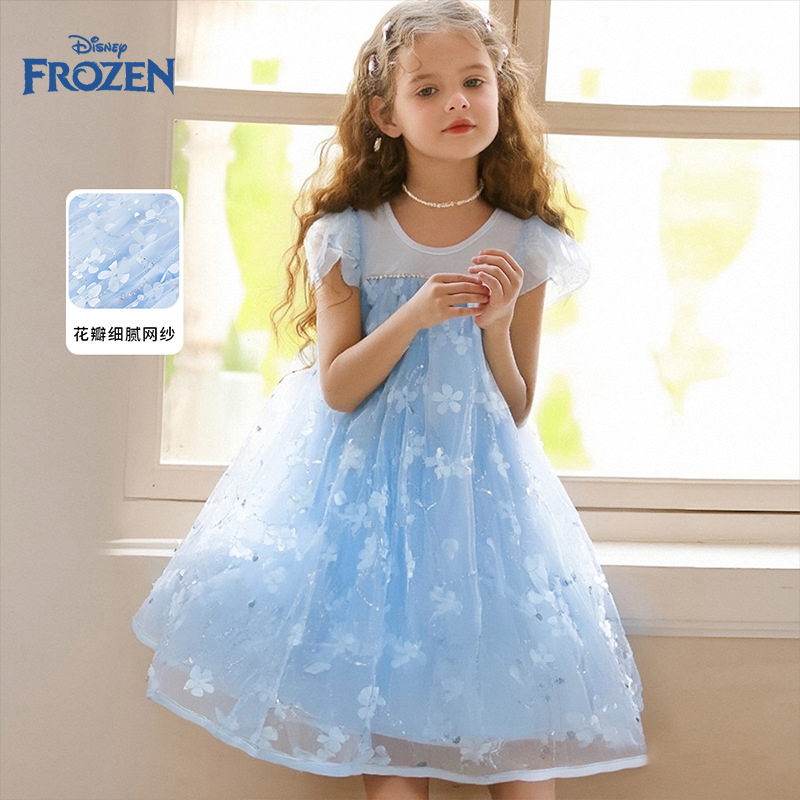 迪士尼童装女童艾莎公主裙夏季新款儿童中大童亮片网纱裙子连衣裙
