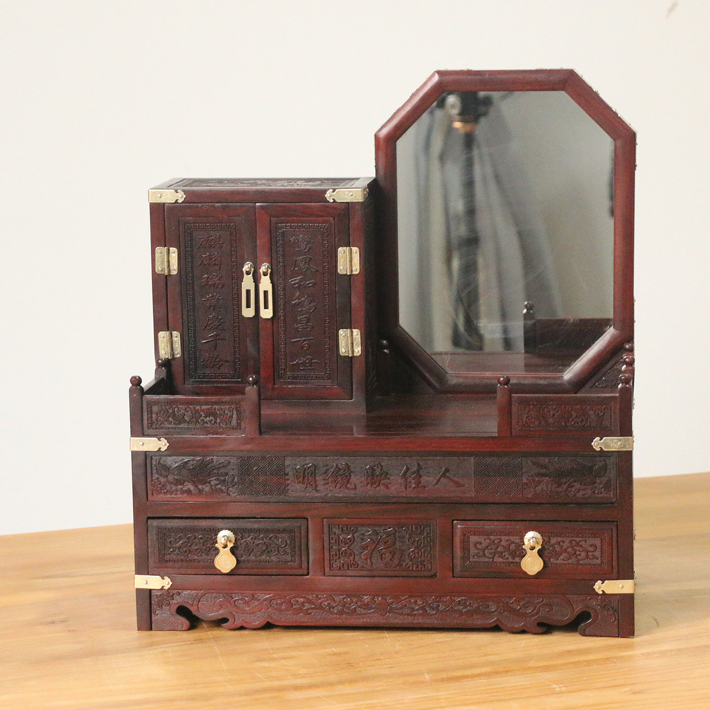 红木红酸枝木化妆盒首饰盒实木复古带镜锁木质仿古多层梳妆台婚庆