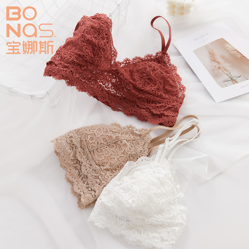 宝娜斯夏季内衣女文胸美背无钢圈法式三角杯蕾丝小胸性感薄款胸罩