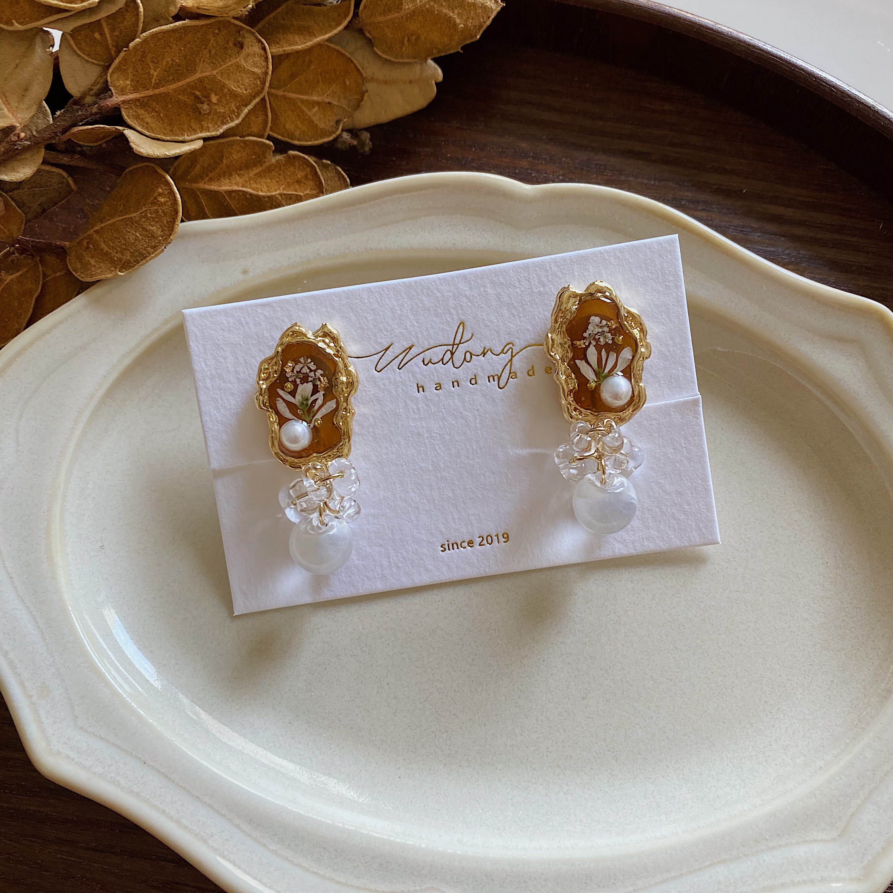 推荐乌冬handmade秋日焦糖棕咖色uv胶干花日本进口手作耳钉耳夹