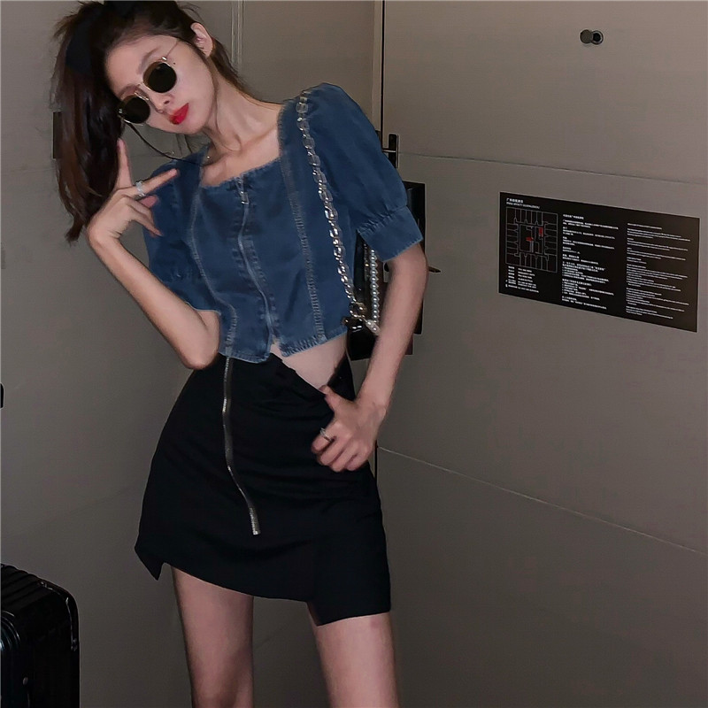 Real price summer new zipper retro slim short tie rope design square neck Denim Short Sleeve Top