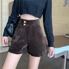 New heavy cotton double button high waist Korean corduroy autumn and winter fashion wide leg casual shorts